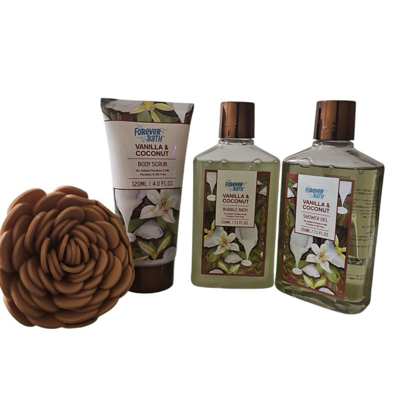 Forever Bath Vanilla & Coconut Body Care Set with Body Scrub, Bubble Bath, Shower Gel & Eva Sponge for Skin Repair and Comfort Exfoliate Gentle