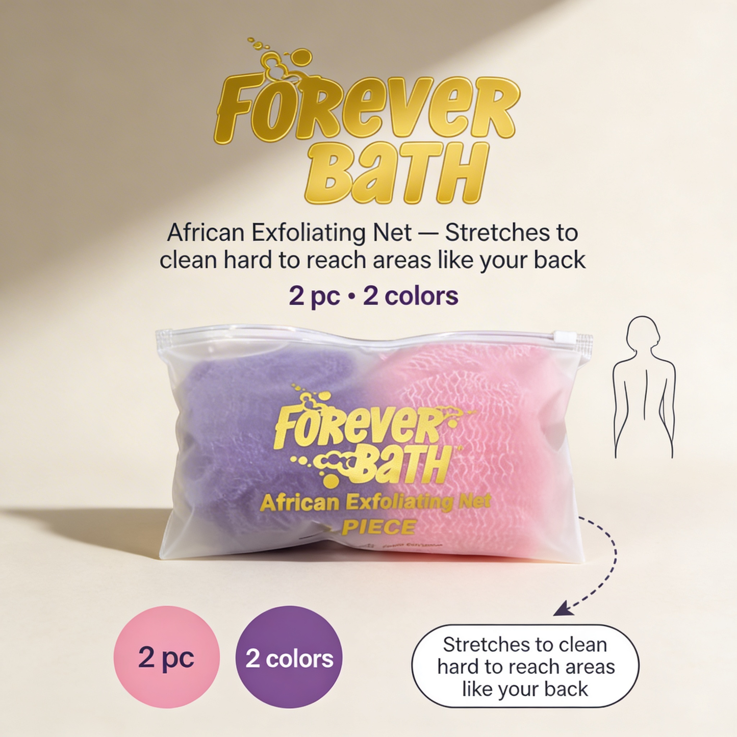 Forever Bath African Exfoliating Net 2 Pack Long Back Scrubber for Deep Exfoliation Bath Net Sponge