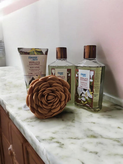 Forever Bath Vanilla & Coconut Body Care Set with Body Scrub, Bubble Bath, Shower Gel & Eva Sponge for Skin Repair and Comfort Exfoliate Gentle