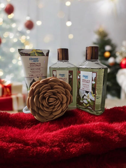Forever Bath Vanilla & Coconut Body Care Set with Body Scrub, Bubble Bath, Shower Gel & Eva Sponge for Skin Repair and Comfort Exfoliate Gentle