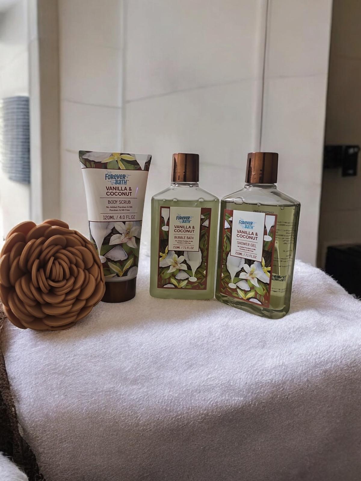 Forever Bath Vanilla & Coconut Body Care Set with Body Scrub, Bubble Bath, Shower Gel & Eva Sponge for Skin Repair and Comfort Exfoliate Gentle