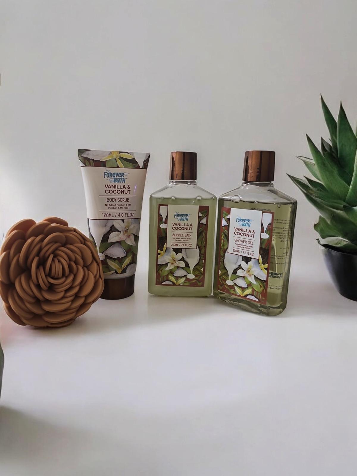 Forever Bath Vanilla & Coconut Body Care Set with Body Scrub, Bubble Bath, Shower Gel & Eva Sponge for Skin Repair and Comfort Exfoliate Gentle